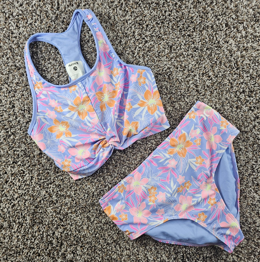 Hurley Girls Sz XL (14-16) Two Piece Swimsuit Bikini Set Light Purple Floral